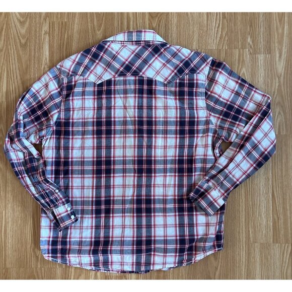 Denver Hayes Plaid Shirt Lg Mens Classic Fit Red Navy Pearl Snap Western Cotton - Picture 8 of 9